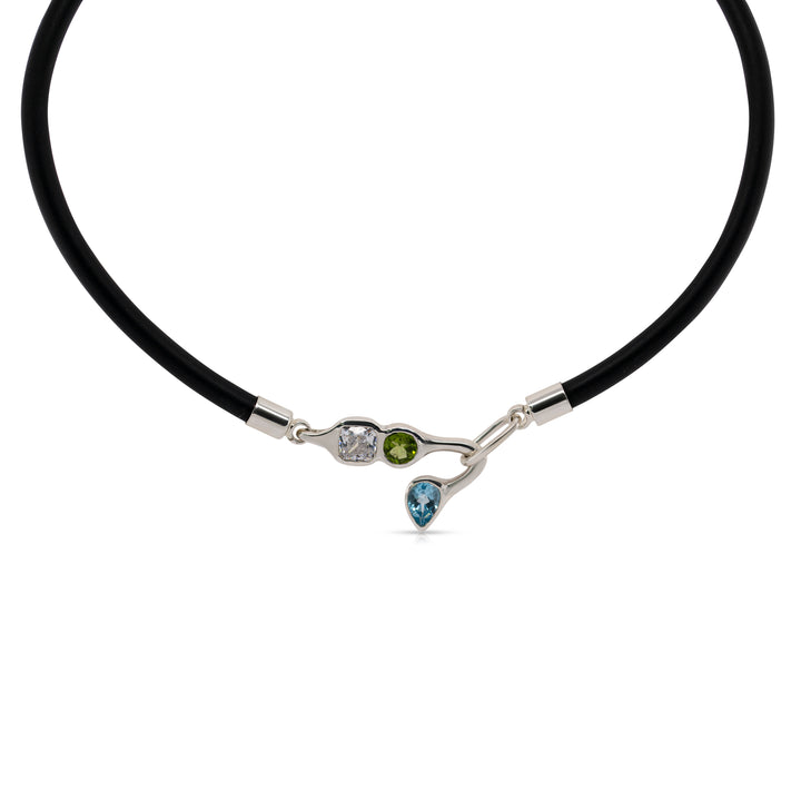 925 Sterling Silver White, Peridot and Blue Topaz Black Chocker