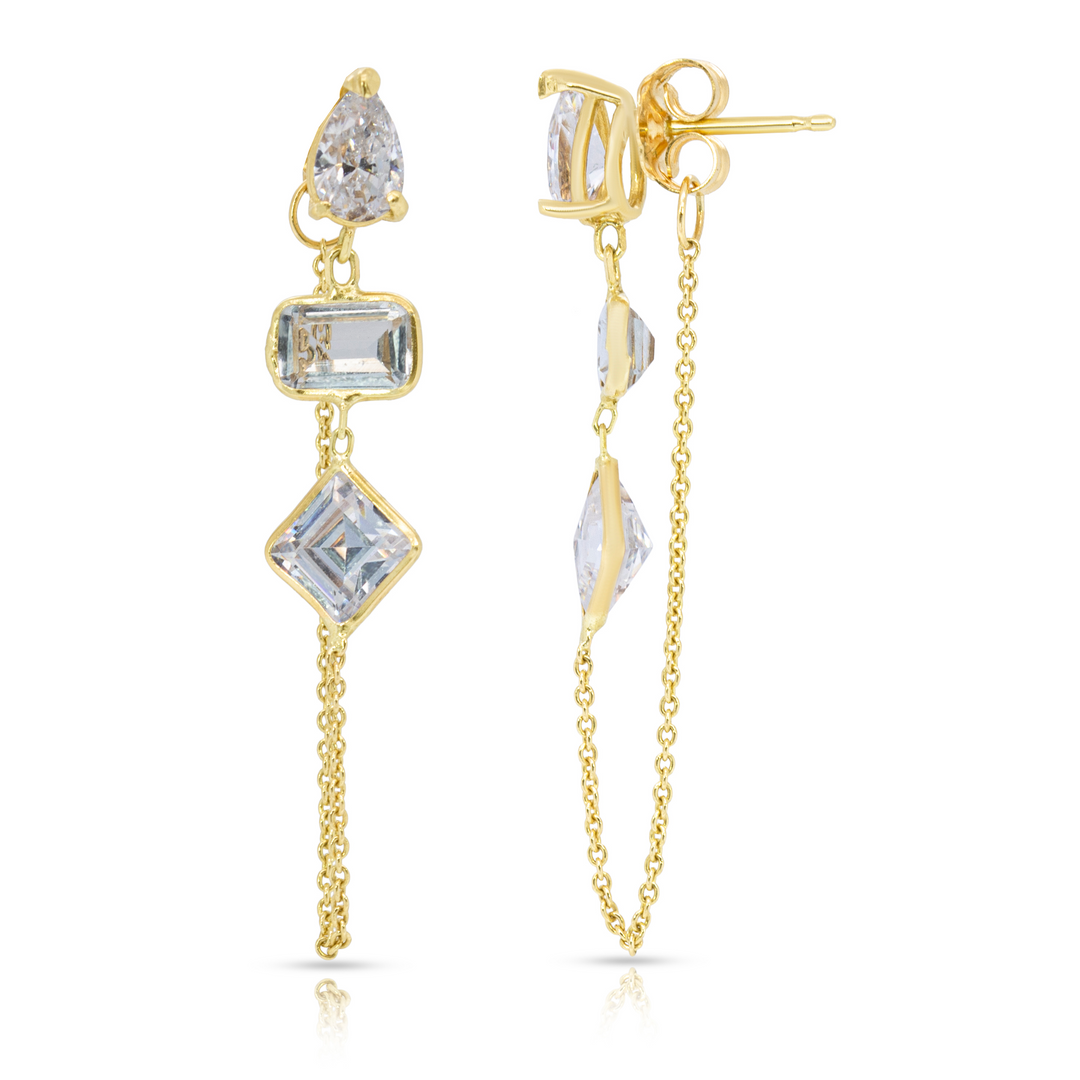 14K Yellow Gold Drop, Emerald And Princess Cut White Gemstones Chain Studs