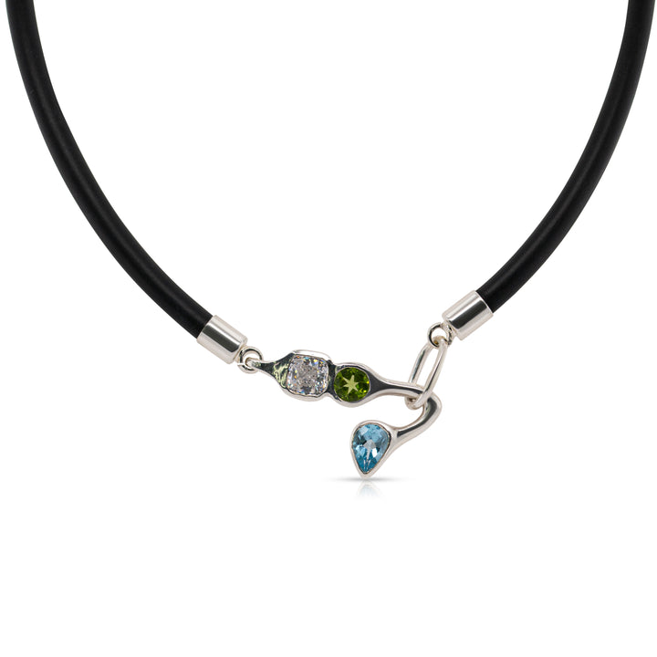 925 Sterling Silver White, Peridot and Blue Topaz Black Chocker