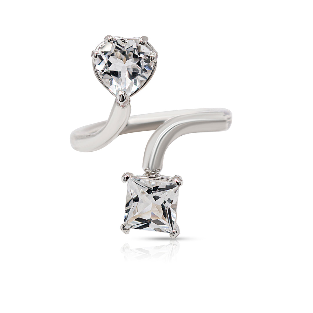925 Sterling Silver White Heart and Princess Cut Gemstones Adjustable Ring