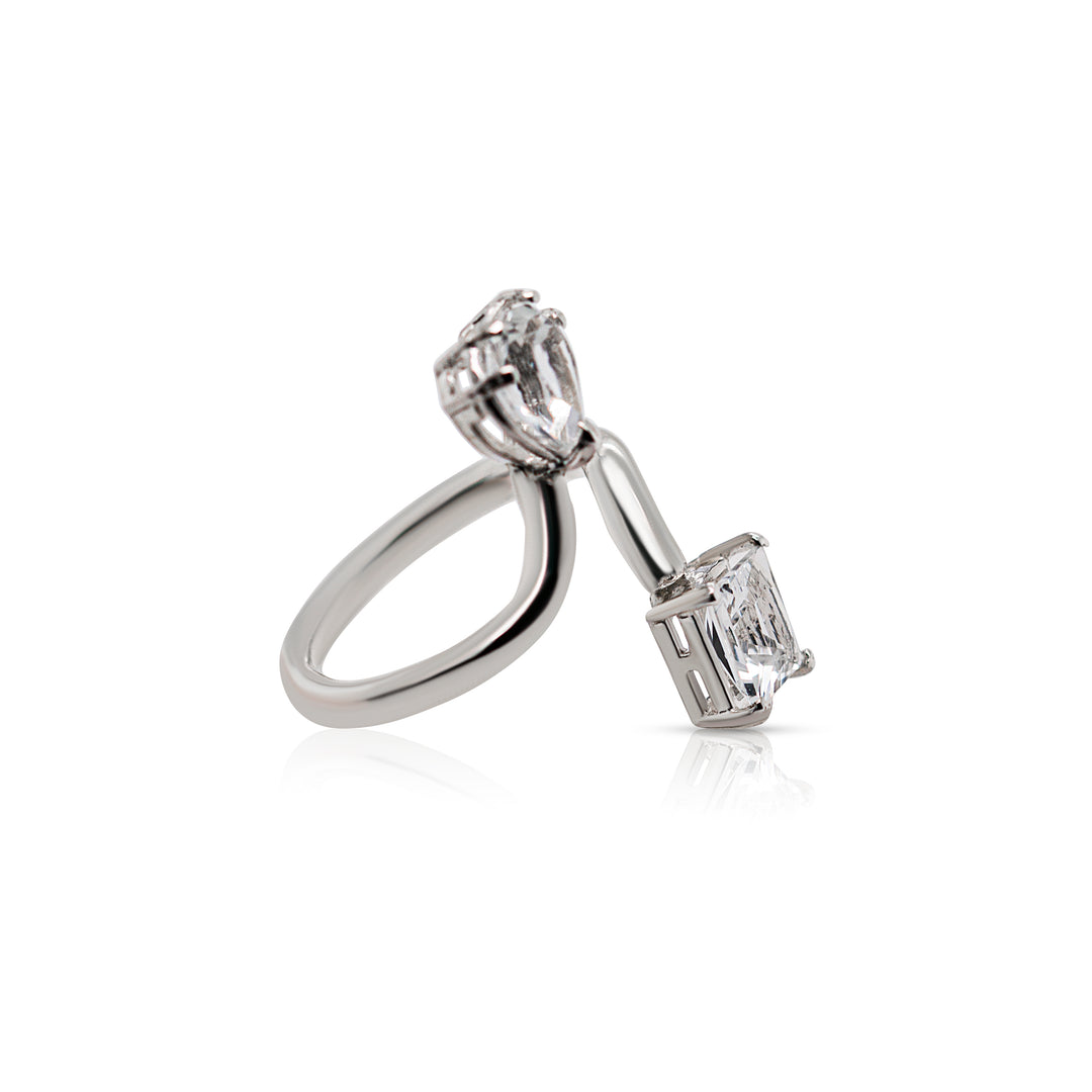 925 Sterling Silver White Heart and Princess Cut Gemstones Adjustable Ring