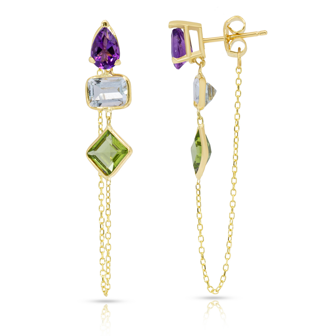 14K Yellow Gold Drop, Emerald And Princess Cut Amethyst, White And Peridot Gemstones Chain Studs