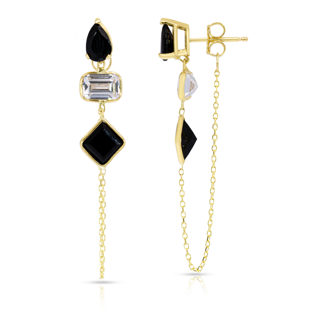 14K Yellow Gold Drop, Emerald And Princess Cut Black Onyx And White Gemstones Chain Studs