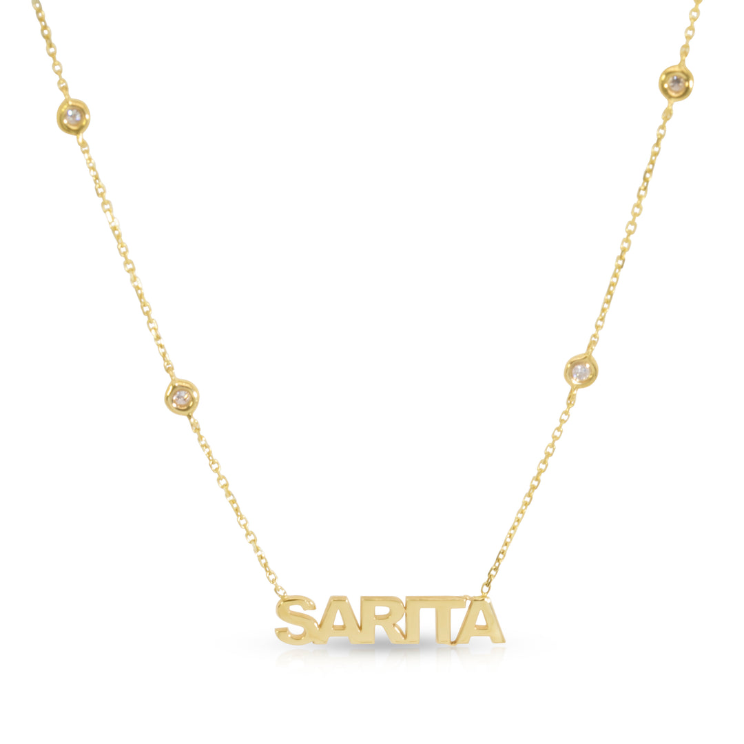14K Gold Bold Name with Diamond Bezels Chain Necklace