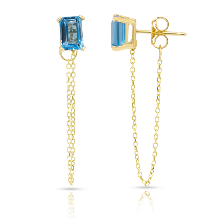 14K Yellow Gold Single Emerald Cut Blue Topaz Gemstone Chain Studs Earrings