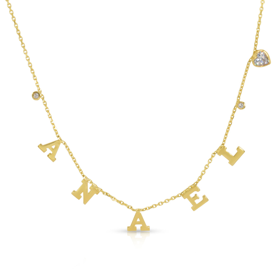 14K Gold 7mm Bold Dangling Name With Diamonds And Heart Necklace