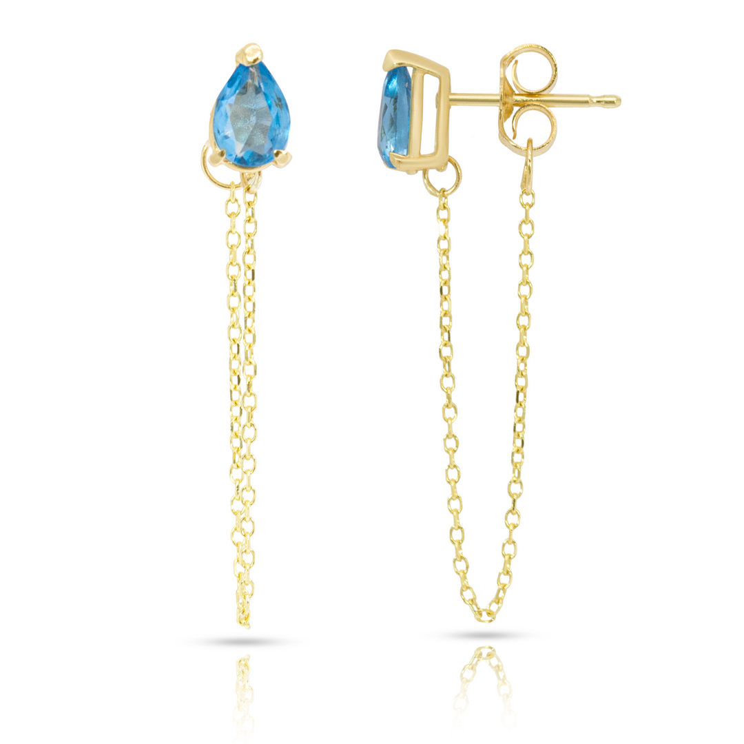 14K Yellow Gold Single Drop Blue Topaz Gemstone Chain Studs Earrings