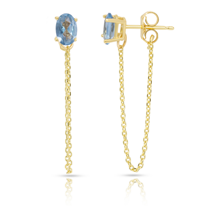 14K Yellow Gold Single Oval Blue Topaz Gemstone Chain Studs Earrings