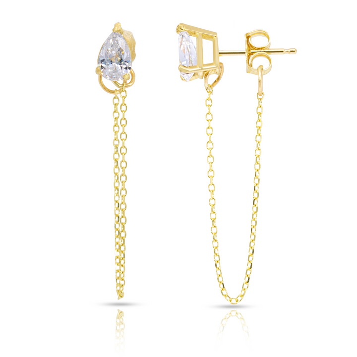 14K Yellow Gold Single Drop White Gemstone Chain Studs Earrings