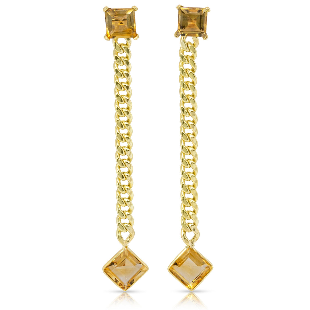 14K Yellow Gold Princess Cut Citrine Gemstones Cuban Chain Earrings