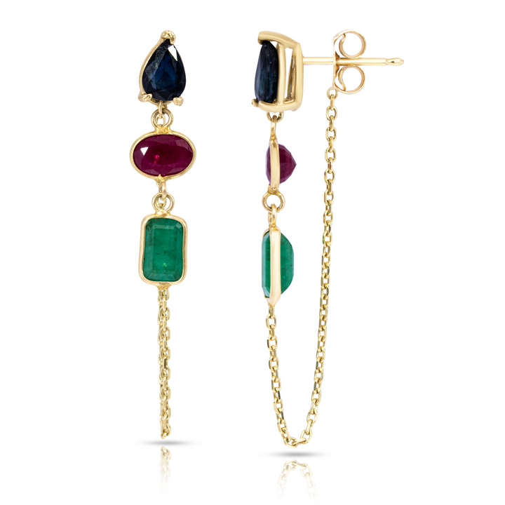 Triple Gemstones Chain Studs (Sapphire, Ruby, Emerald)