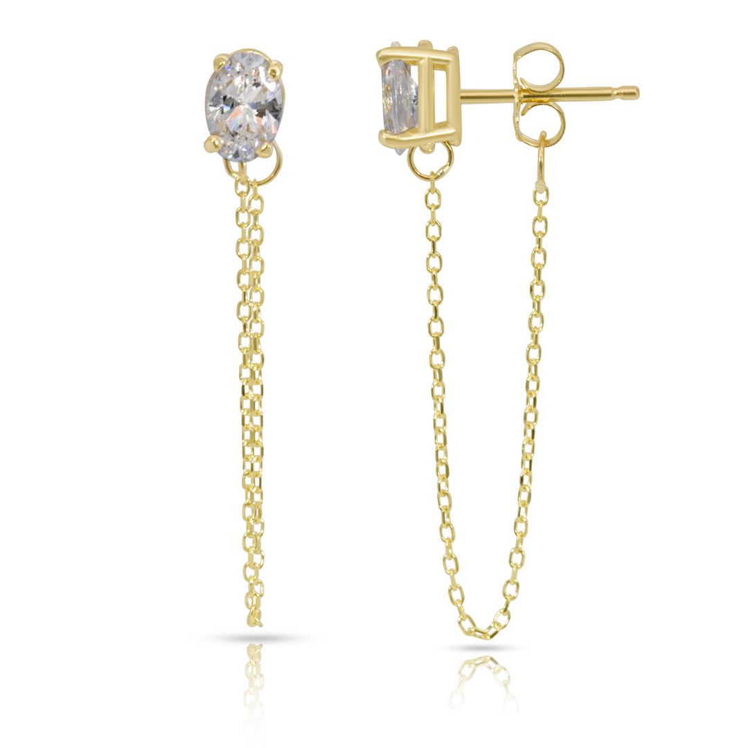 14K Yellow Gold Single Oval White Gemstone Chain Studs Earrings