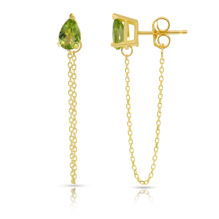 14K Yellow Gold Single Drop Peridot Gemstone Chain Studs Earrings