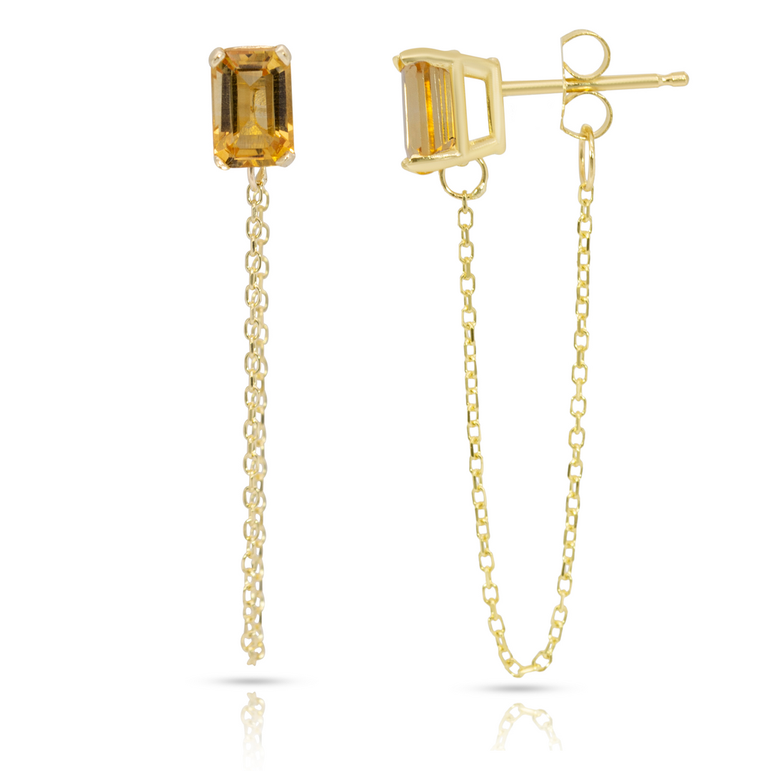 14K Yellow Gold Single Emerald Cut Citrine Gemstone Chain Studs Earrings