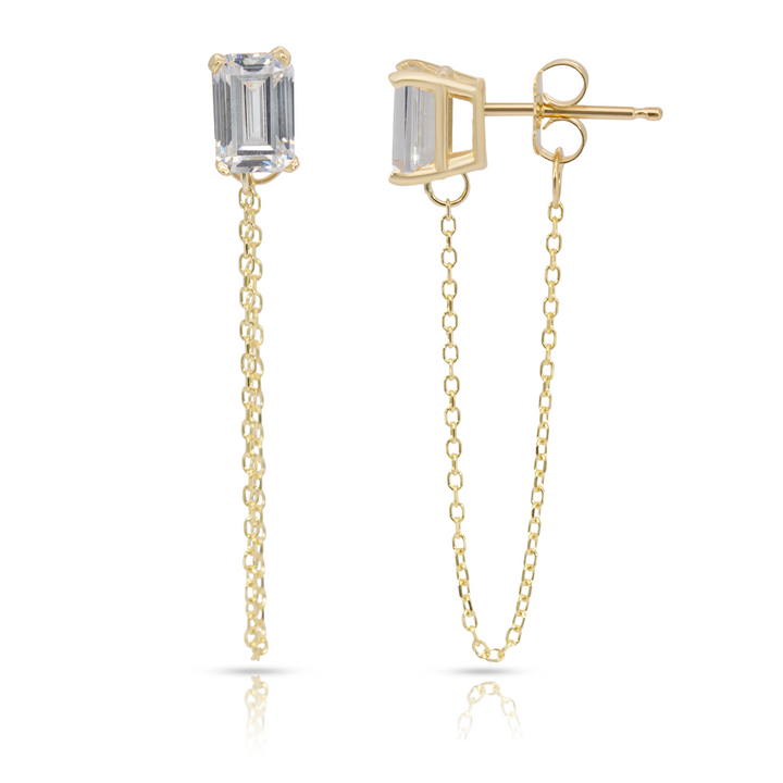 14K Yellow Gold Single Emerald Cut White Gemstone Chain Studs Earrings