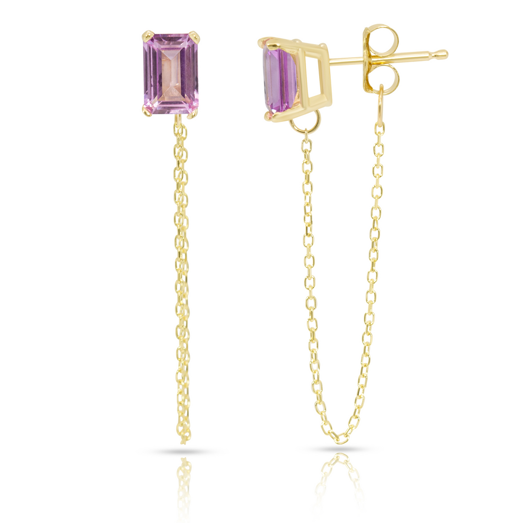 14K Yellow Gold Single Emerald Cut Pink Gemstone Chain Studs Earrings