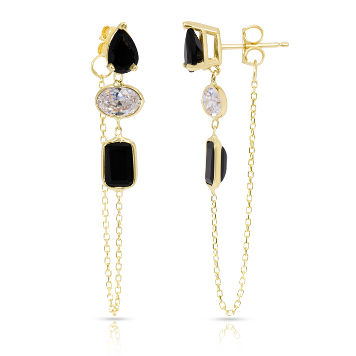 14K Yellow Gold Drop, Oval And Emerald Cut Black Onyx And White Gemstones Chain Studs