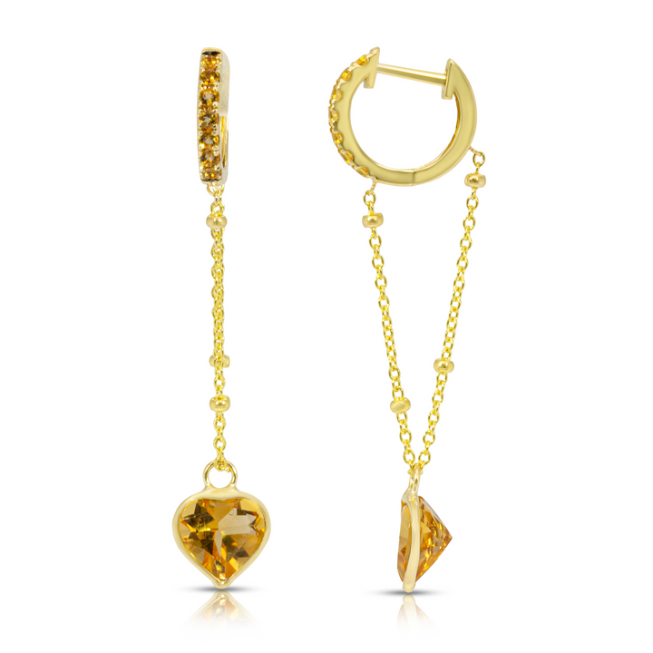 14K Yellow Gold Pendulum Heart-Shaped Citrine Gemstone Chain Huggies