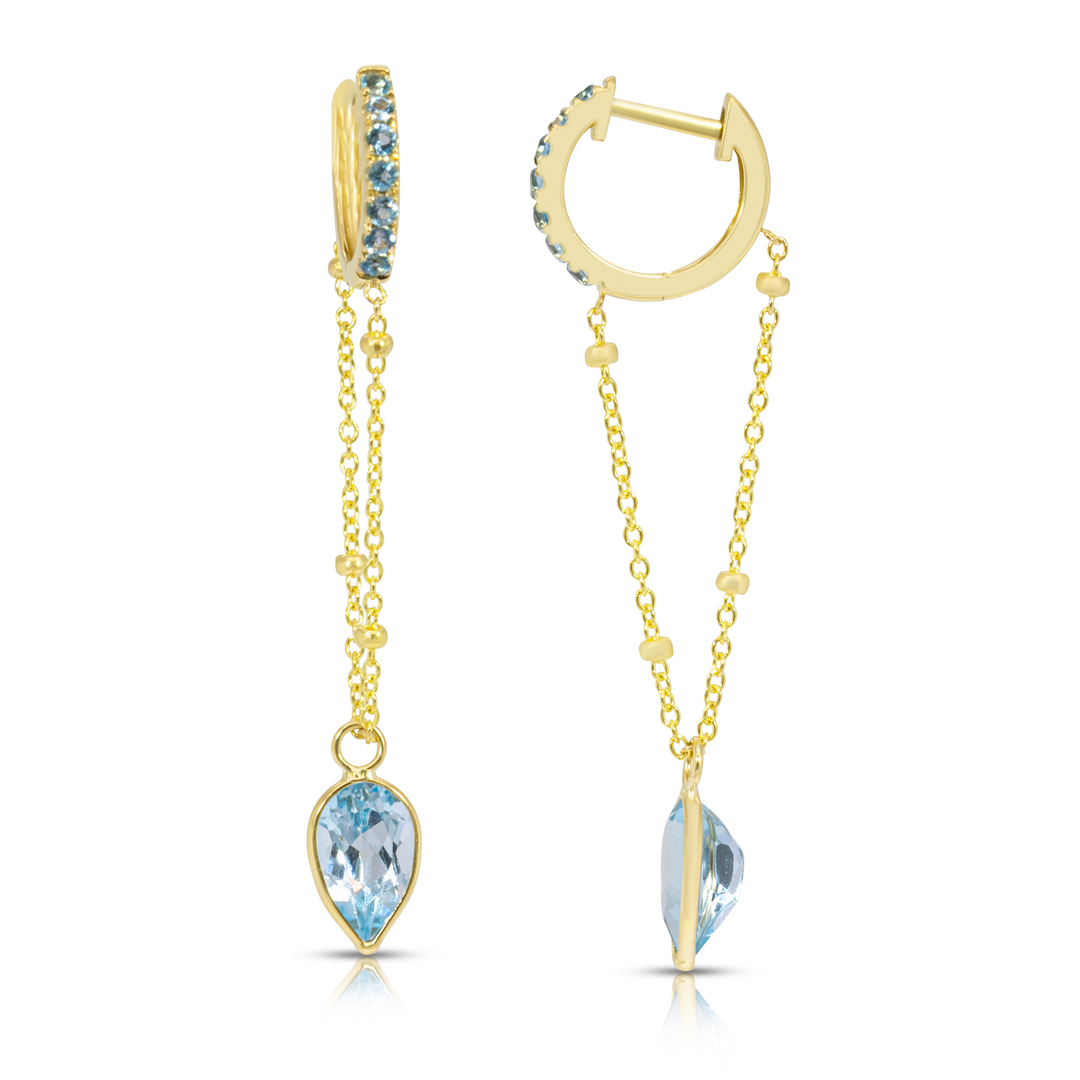 14K Yellow Gold Pendulum Heart-Shaped Blue Topaz Gemstone Chain Huggies