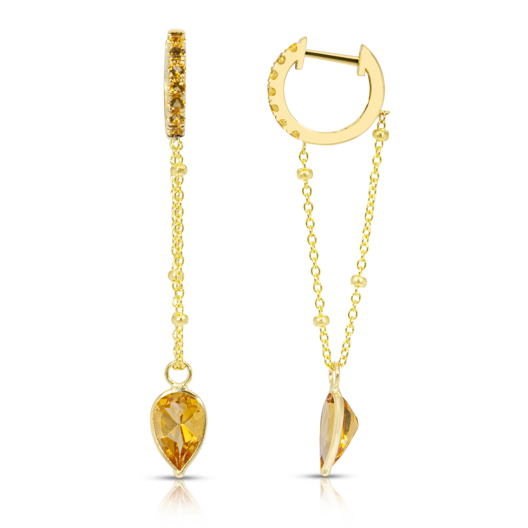 14K Yellow Gold Pendulum Heart-Shaped Citrine Gemstone Chain Huggies