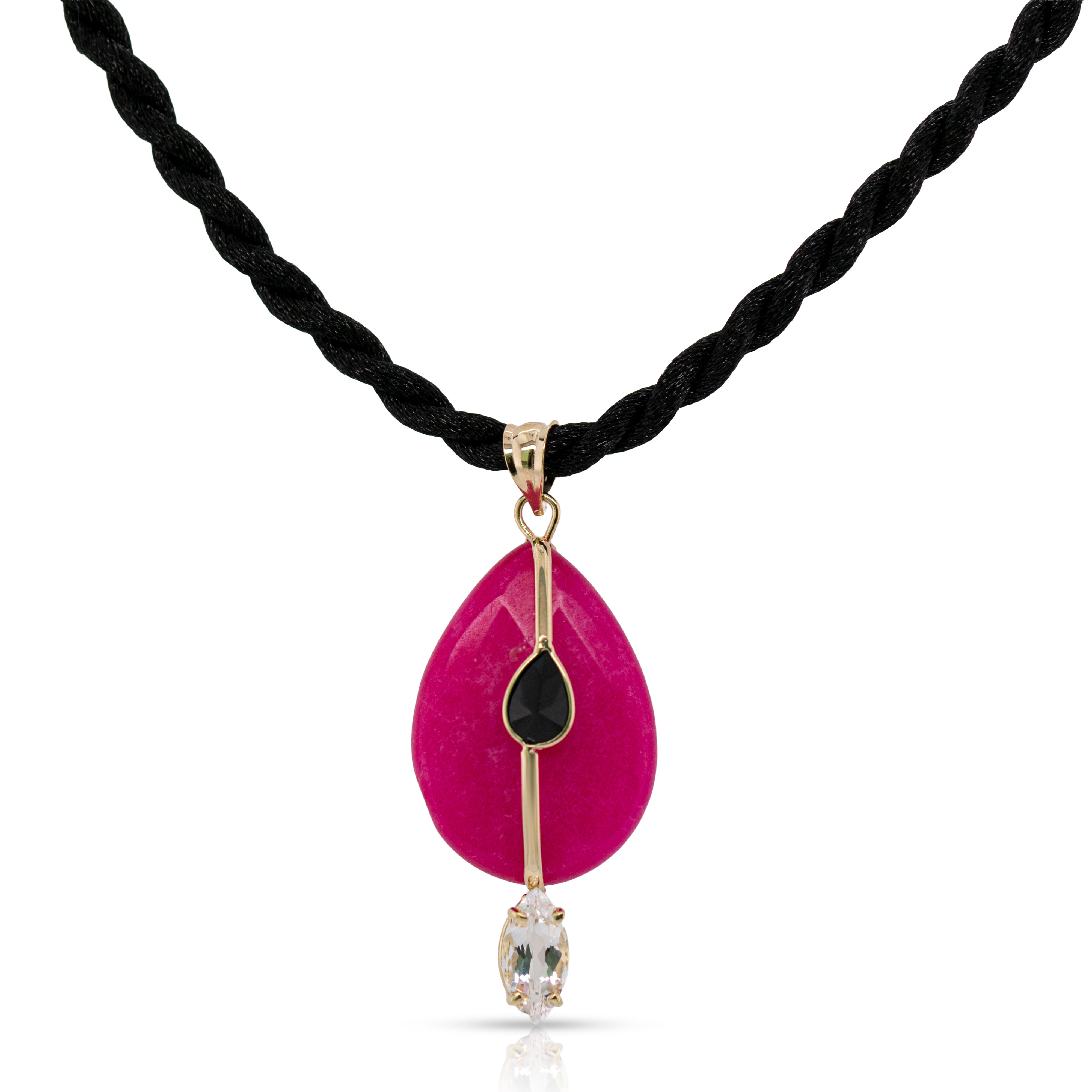 14K Gold Pink Quartz, White Topaz and Black Onyx Charm