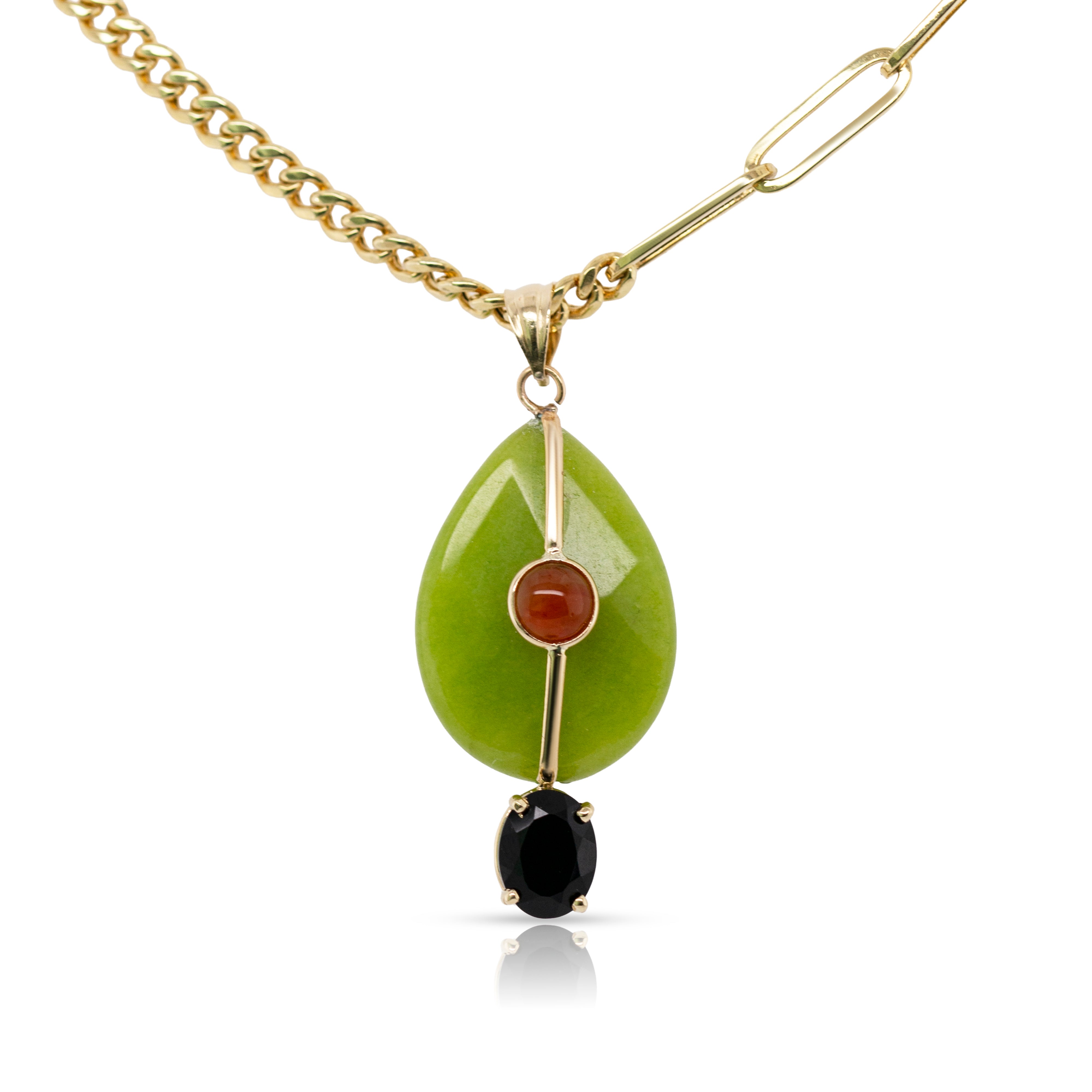 14K Gold Green Quartz, Carnelian and Black Onyx Charm