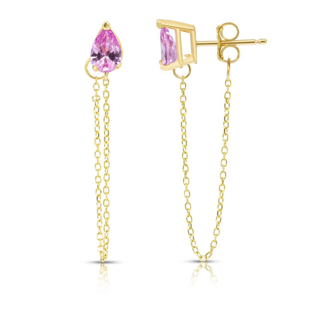 14K Yellow Gold Single Drop Pink Gemstone Chain Studs Earrings