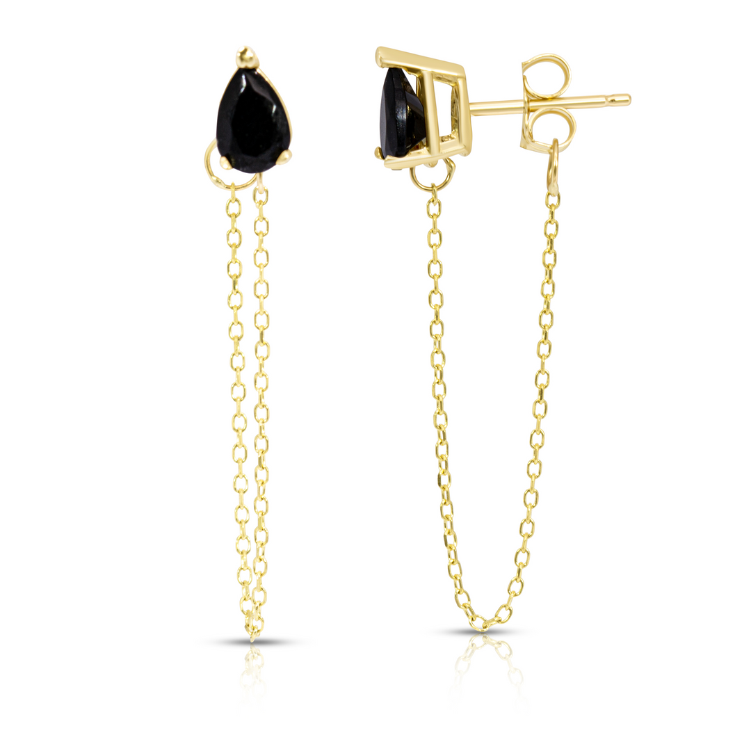 14K Yellow Gold Single Drop Black Onyx Gemstone Chain Studs Earrings