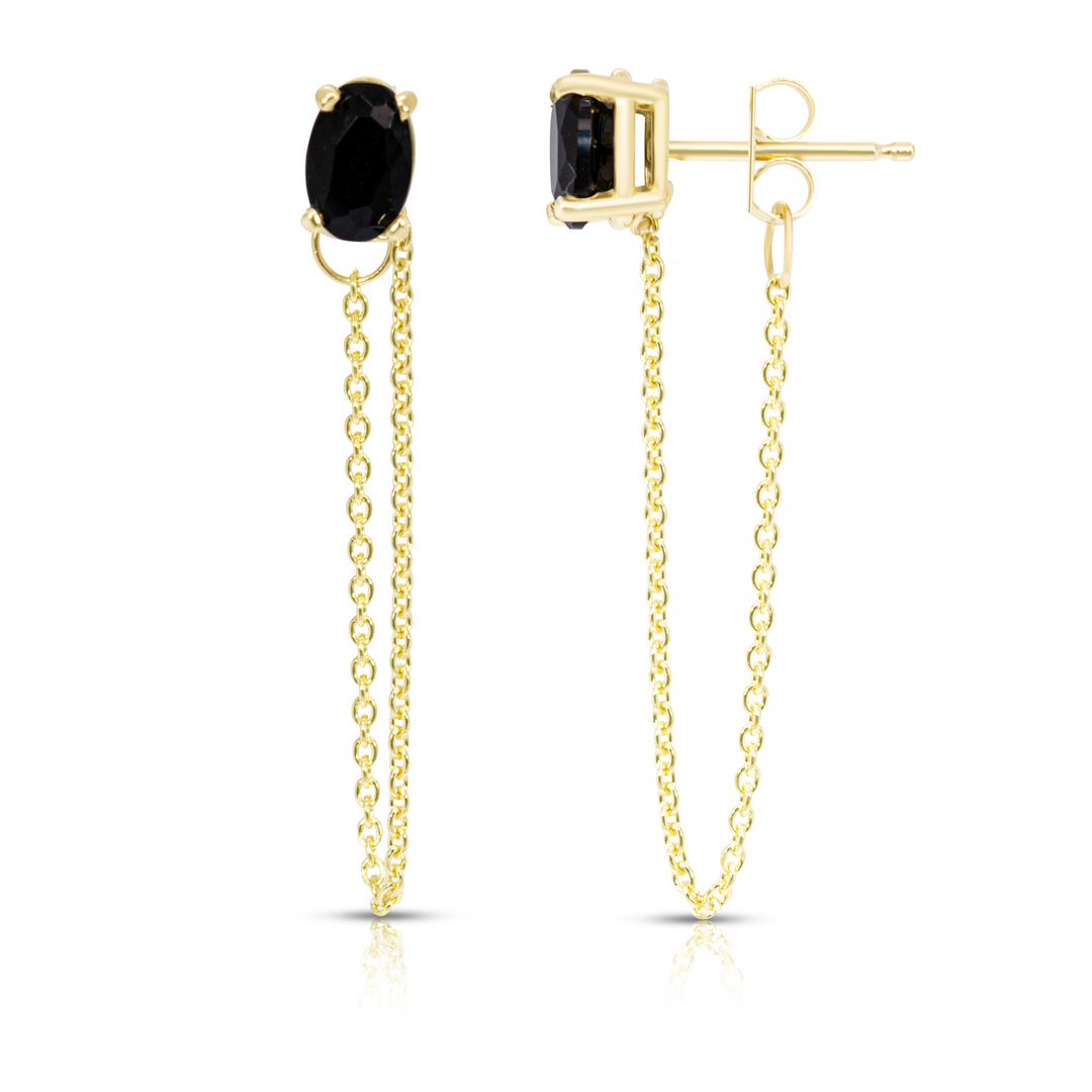 14K Yellow Gold Single Oval Black Onyx Gemstone Chain Studs Earrings