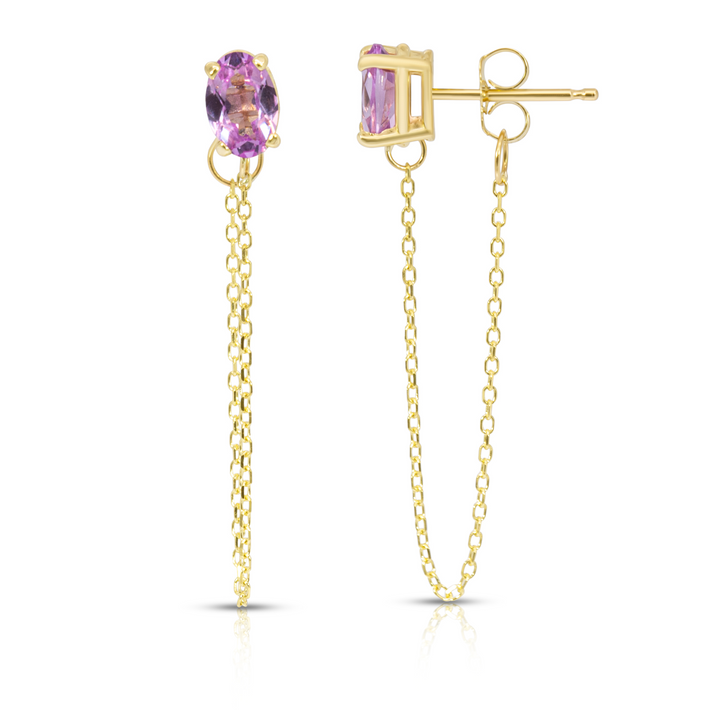 14K Yellow Gold Single Oval Pink Gemstone Chain Studs Earrings