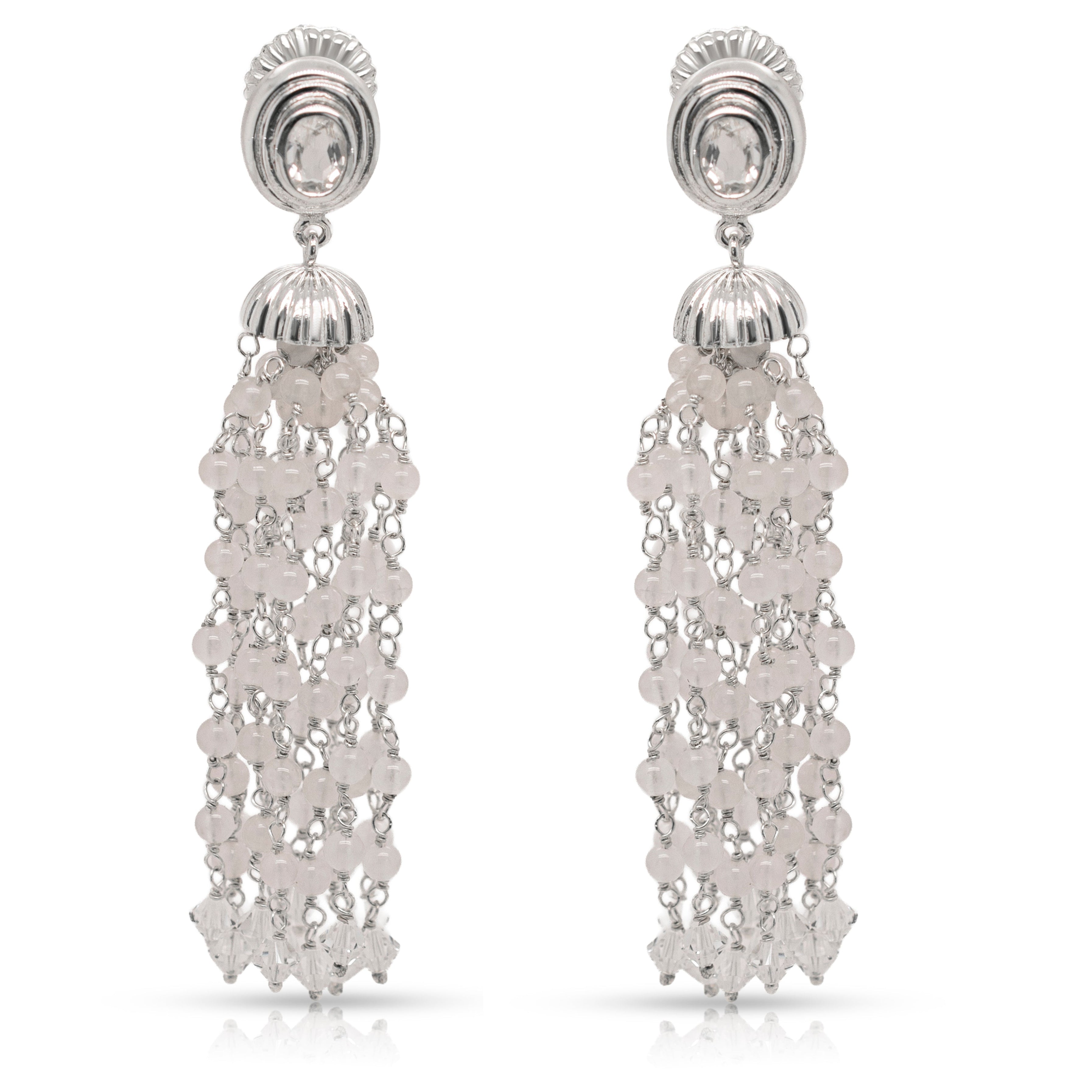 925 Sterling Silver and Rose Quartz Braided Pom Pom Dangling Earrings