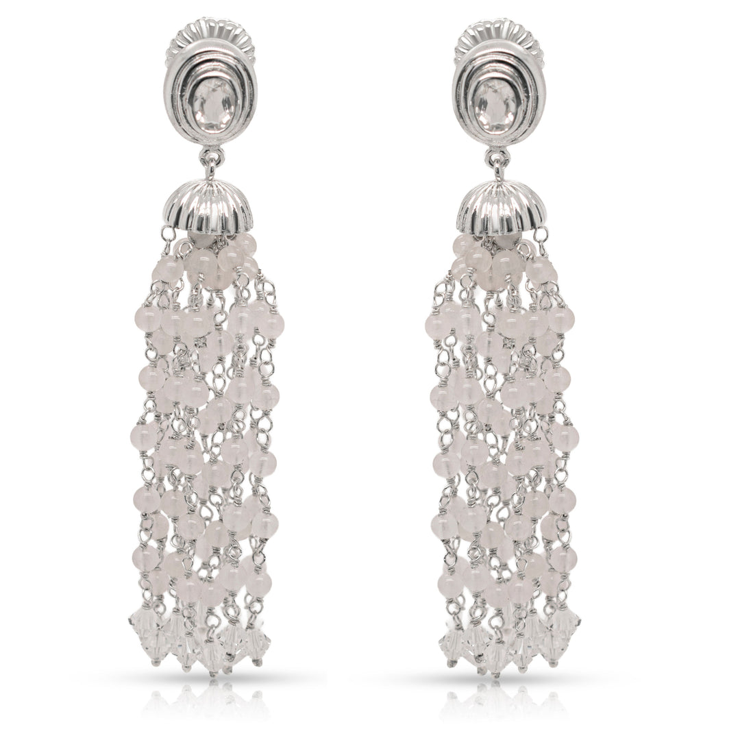925 Sterling Silver and Rose Quartz Braided Pom Pom Dangling Earrings