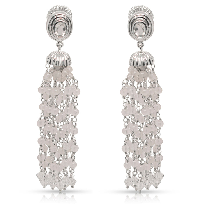 925 Sterling Silver and Rose Quartz Braided Pom Pom Dangling Earrings