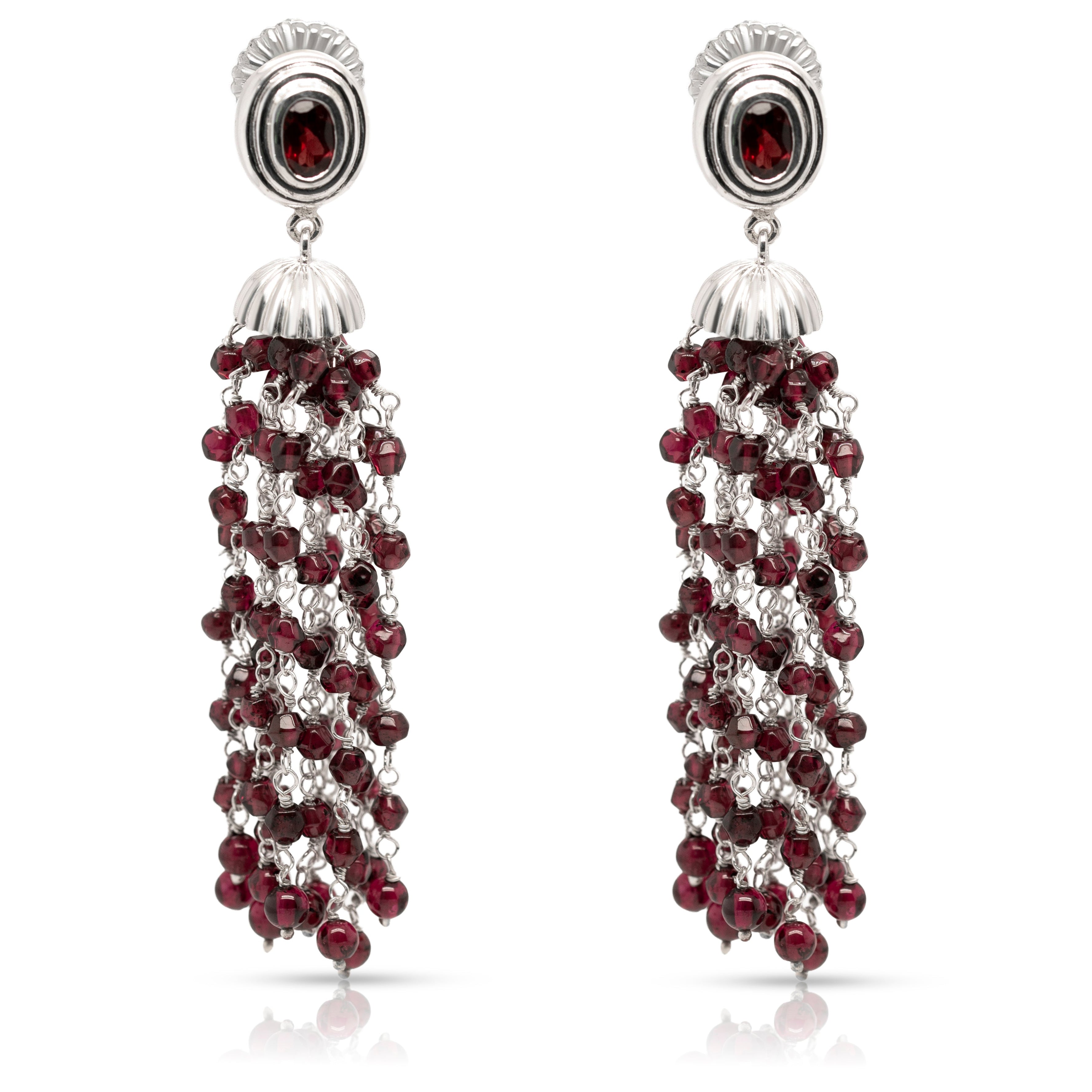 925 Sterling Silver and Garnet Braided Pom Pom Dangling Earrings