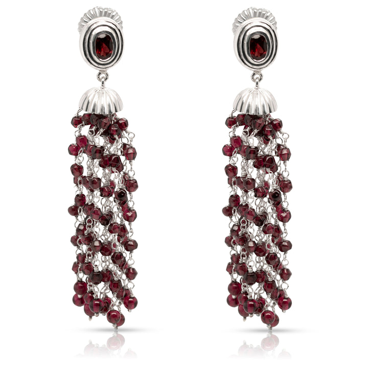925 Sterling Silver and Garnet Braided Pom Pom Dangling Earrings