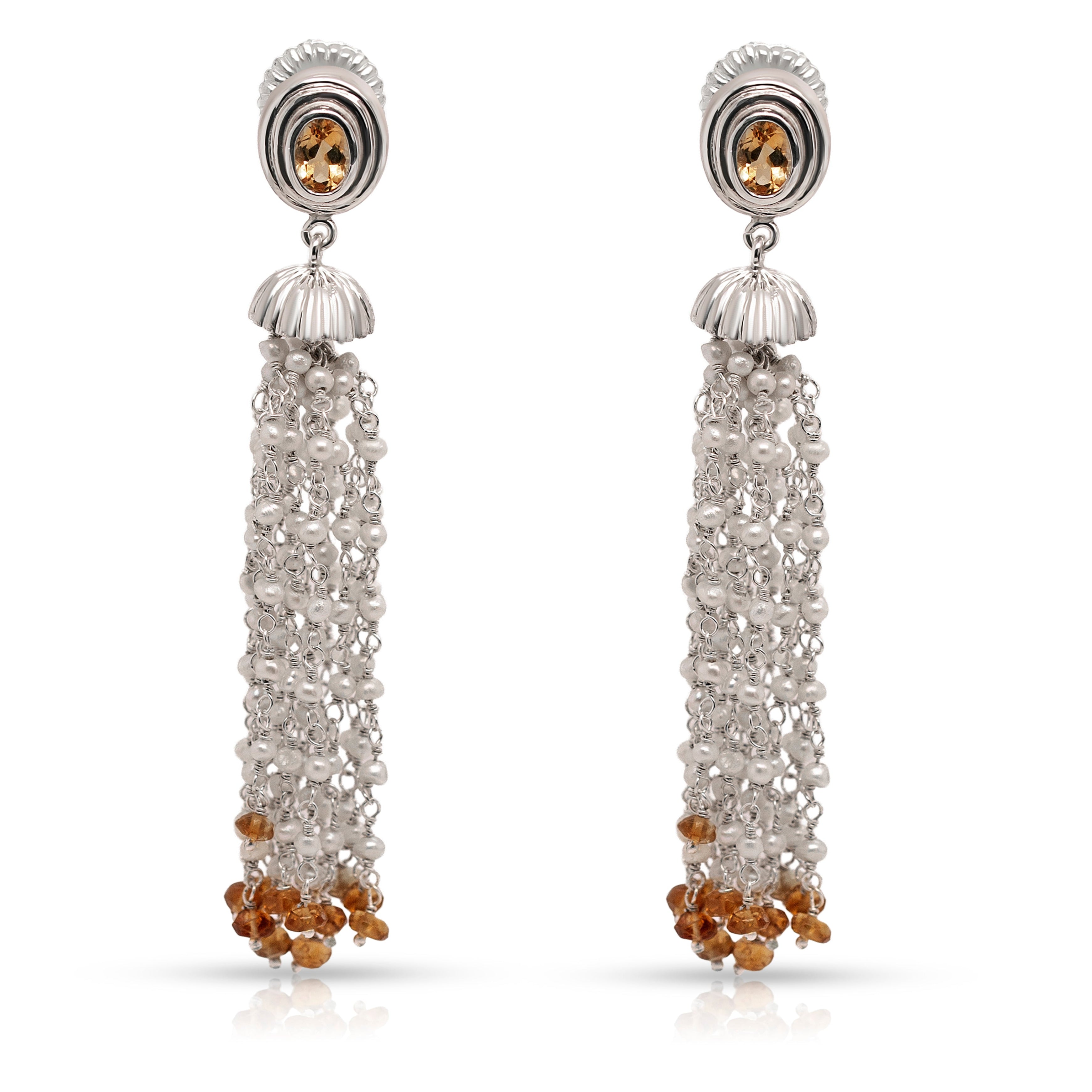 925 Sterling Silver, Citrine and Pearls Braided Pom Pom Dangling Earrings