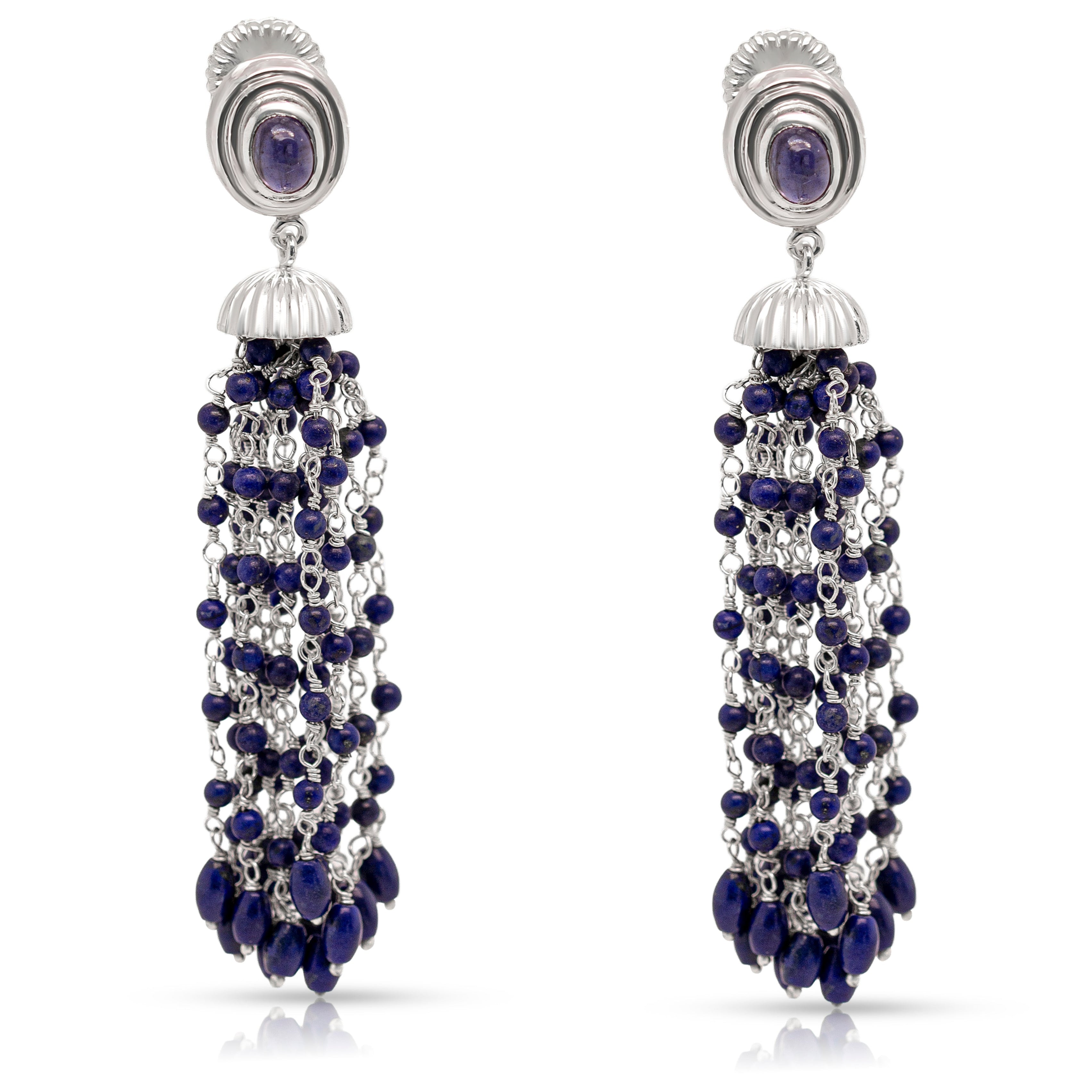 925 Sterling Silver and Lapis Lazuli Braided Pom Pom Dangling Earrings