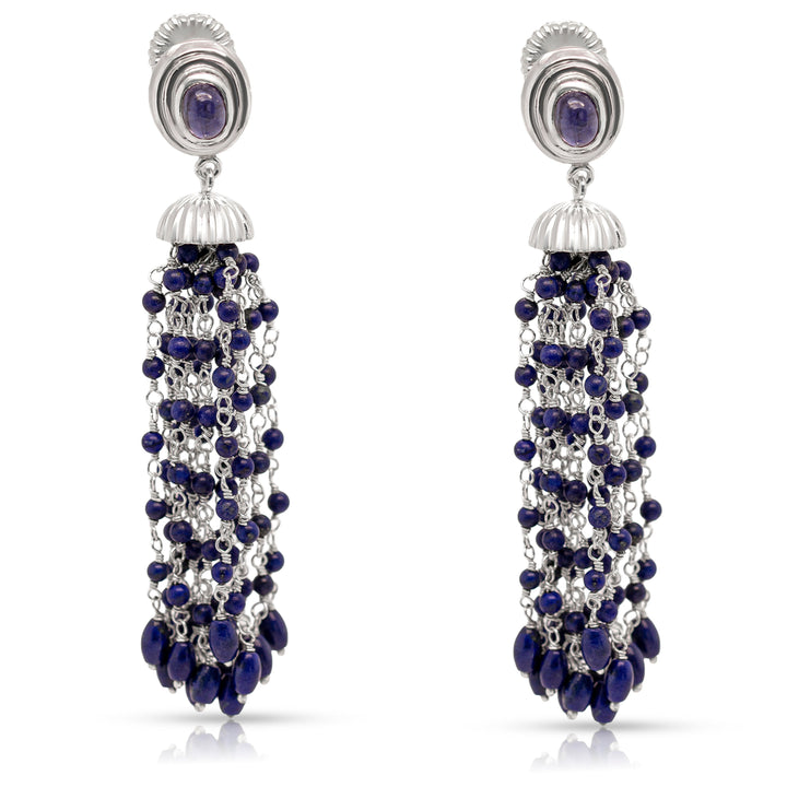 925 Sterling Silver and Lapis Lazuli Braided Pom Pom Dangling Earrings