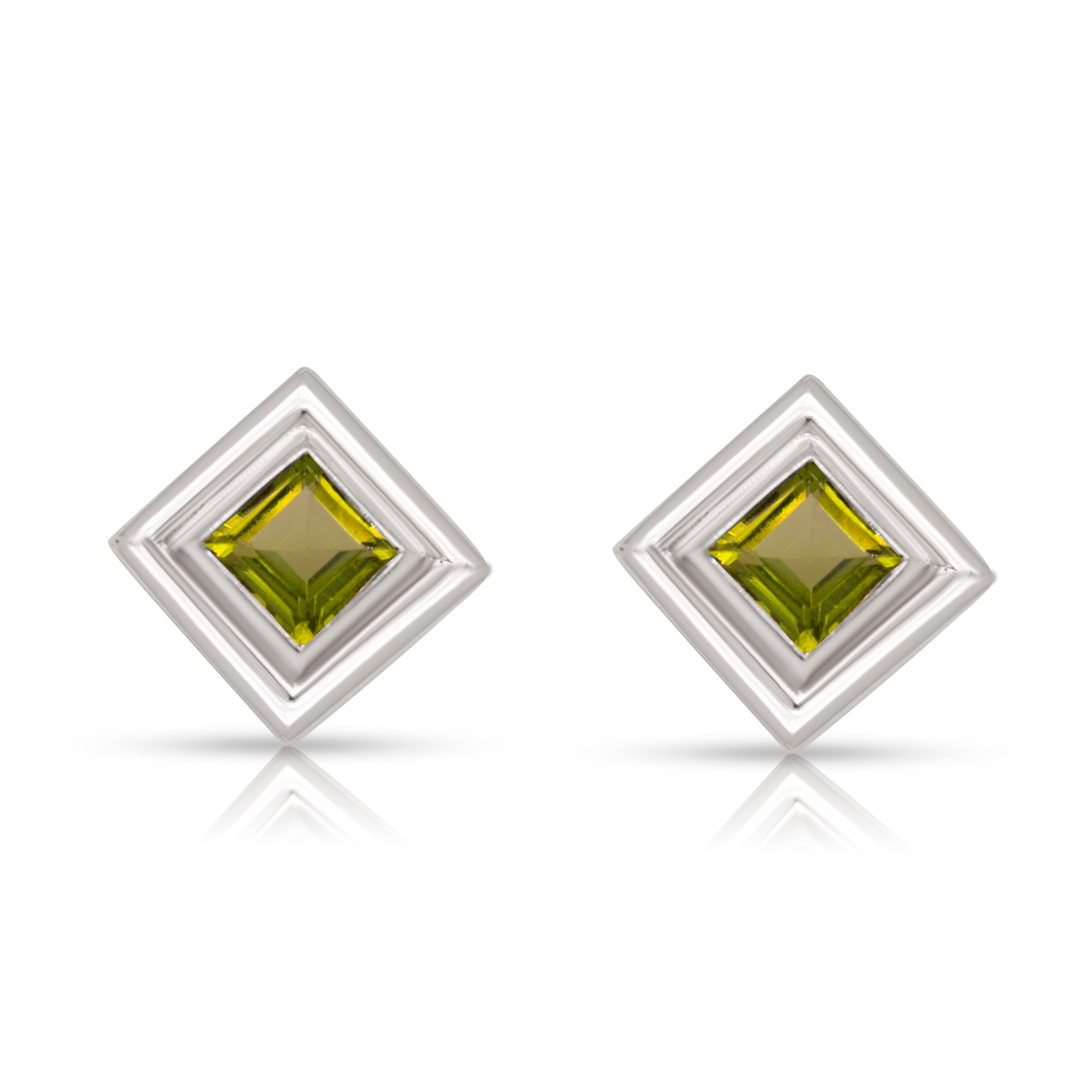 925 Sterling Silver Square Peridot Earring Studs