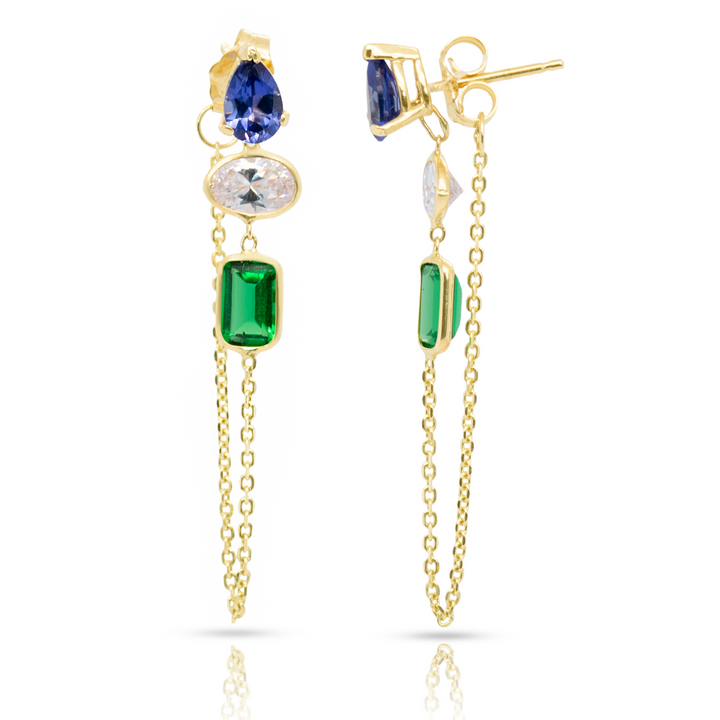 14K Yellow Gold Drop, Oval and Emerald Cut Tanzanite, White And Green Onyx Gemstones Chain Studs