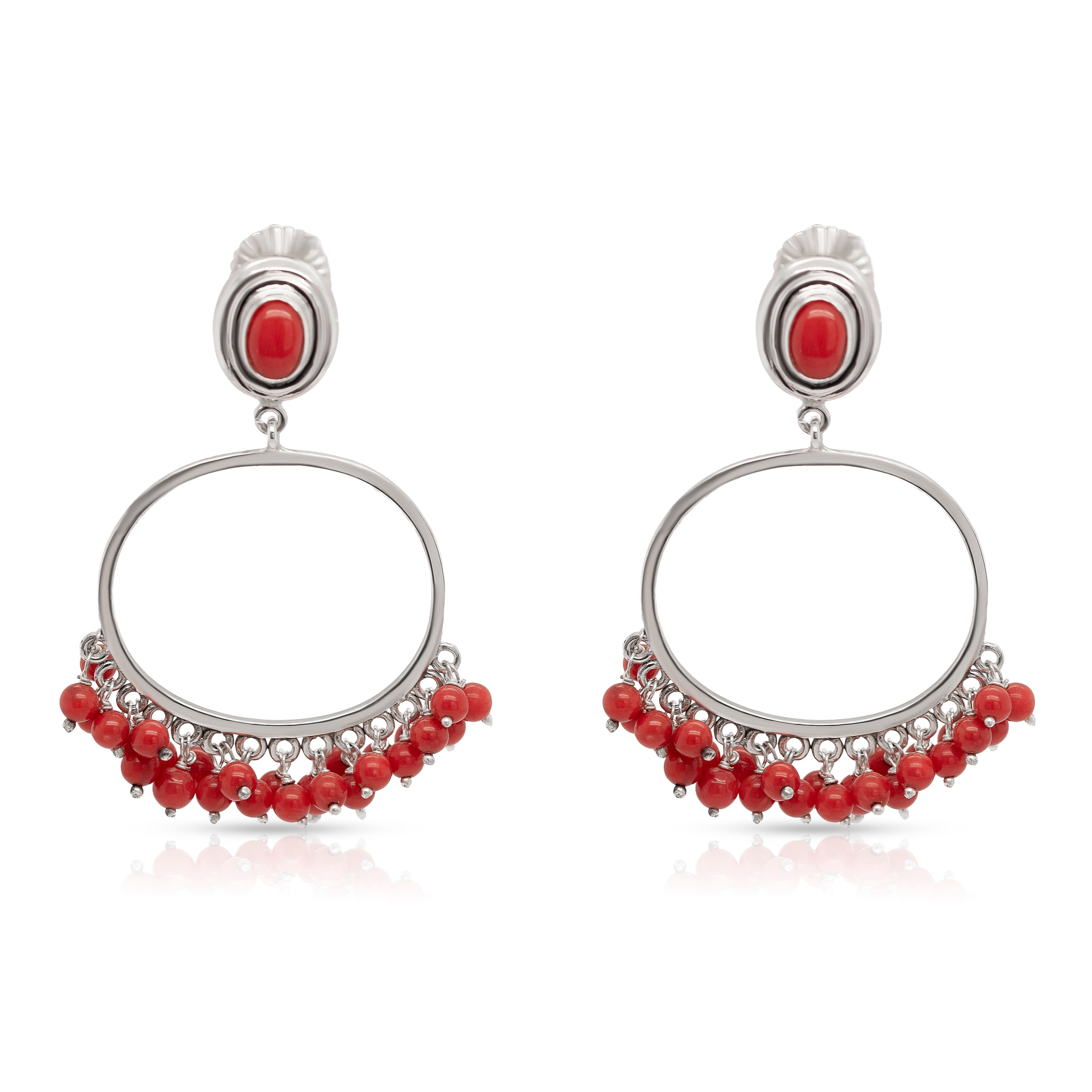 925 Sterling Silver Hoop and Coral Beads Earrings