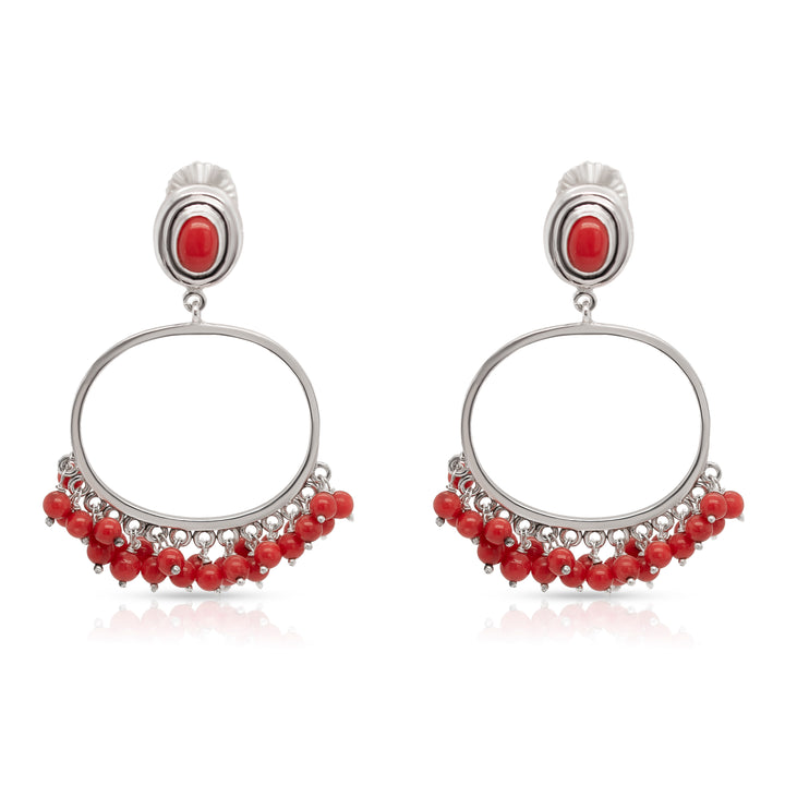 925 Sterling Silver Hoop and Coral Beads Earrings