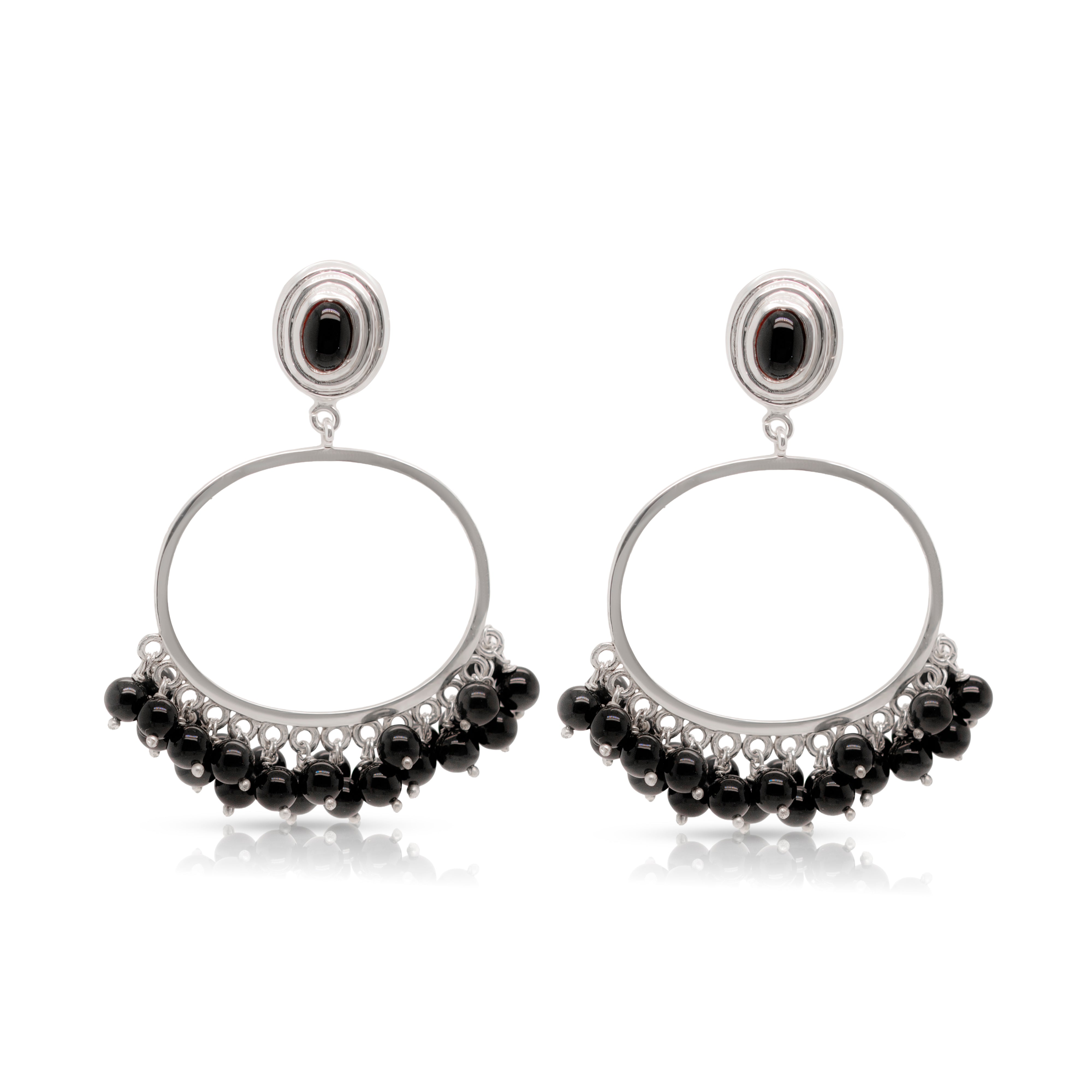 925 Sterling Silver Hoop and Black Onyx Beads Earrings