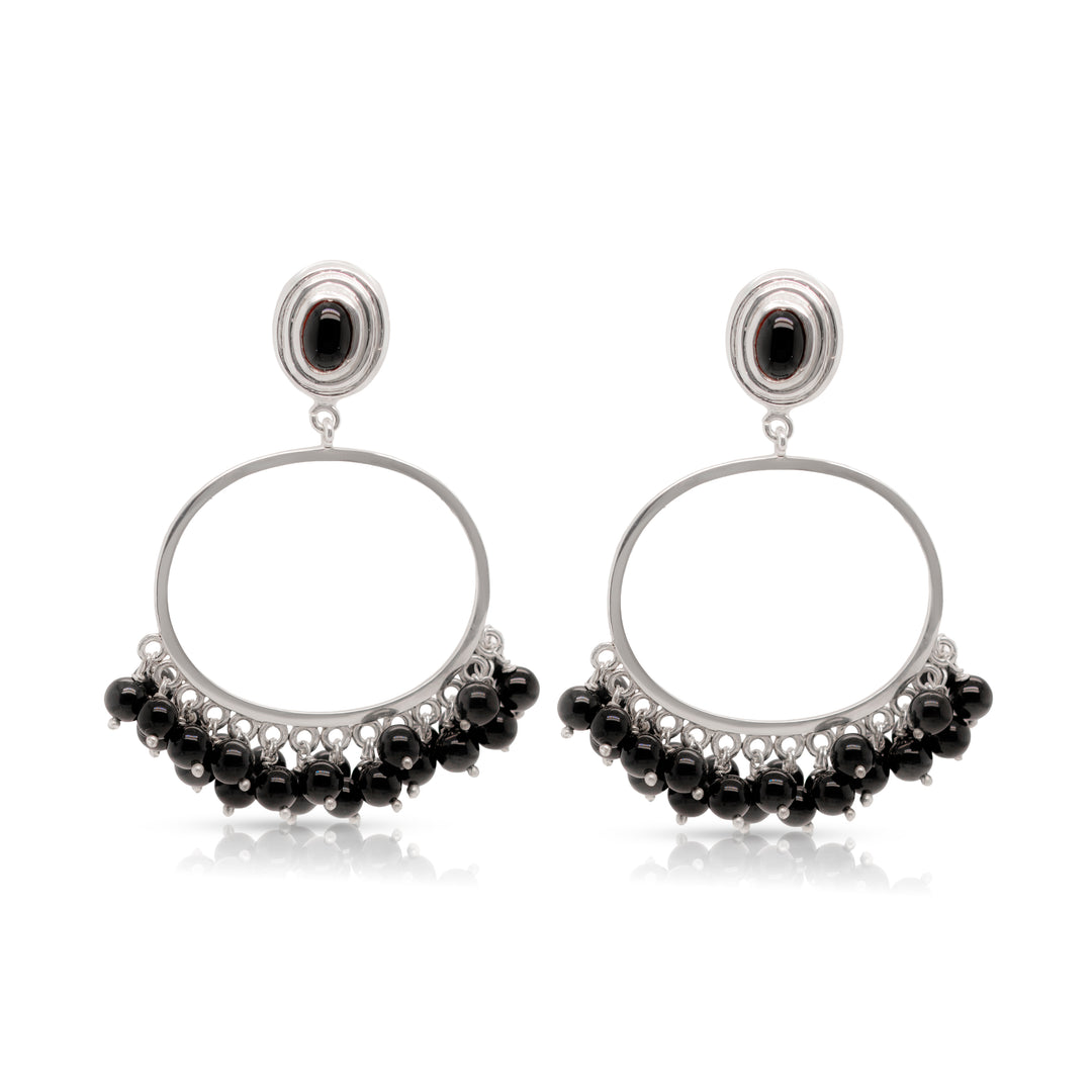 925 Sterling Silver Hoop and Black Onyx Beads Earrings