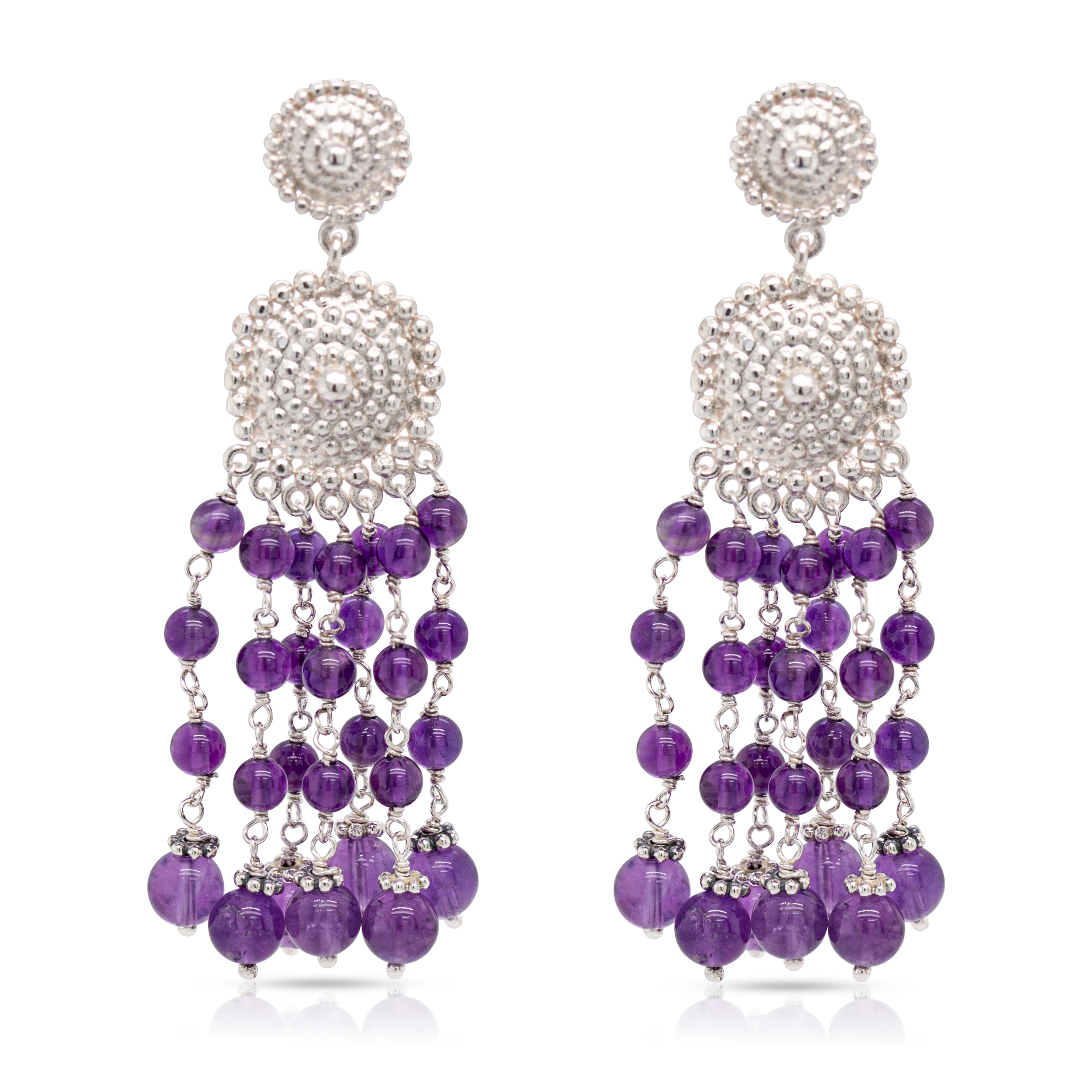 925 Sterling Silver Medallion and Amethyst Braided Beads Cascade Earrings