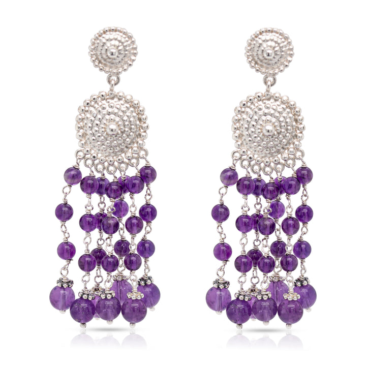 925 Sterling Silver Medallion and Amethyst Braided Beads Cascade Earrings