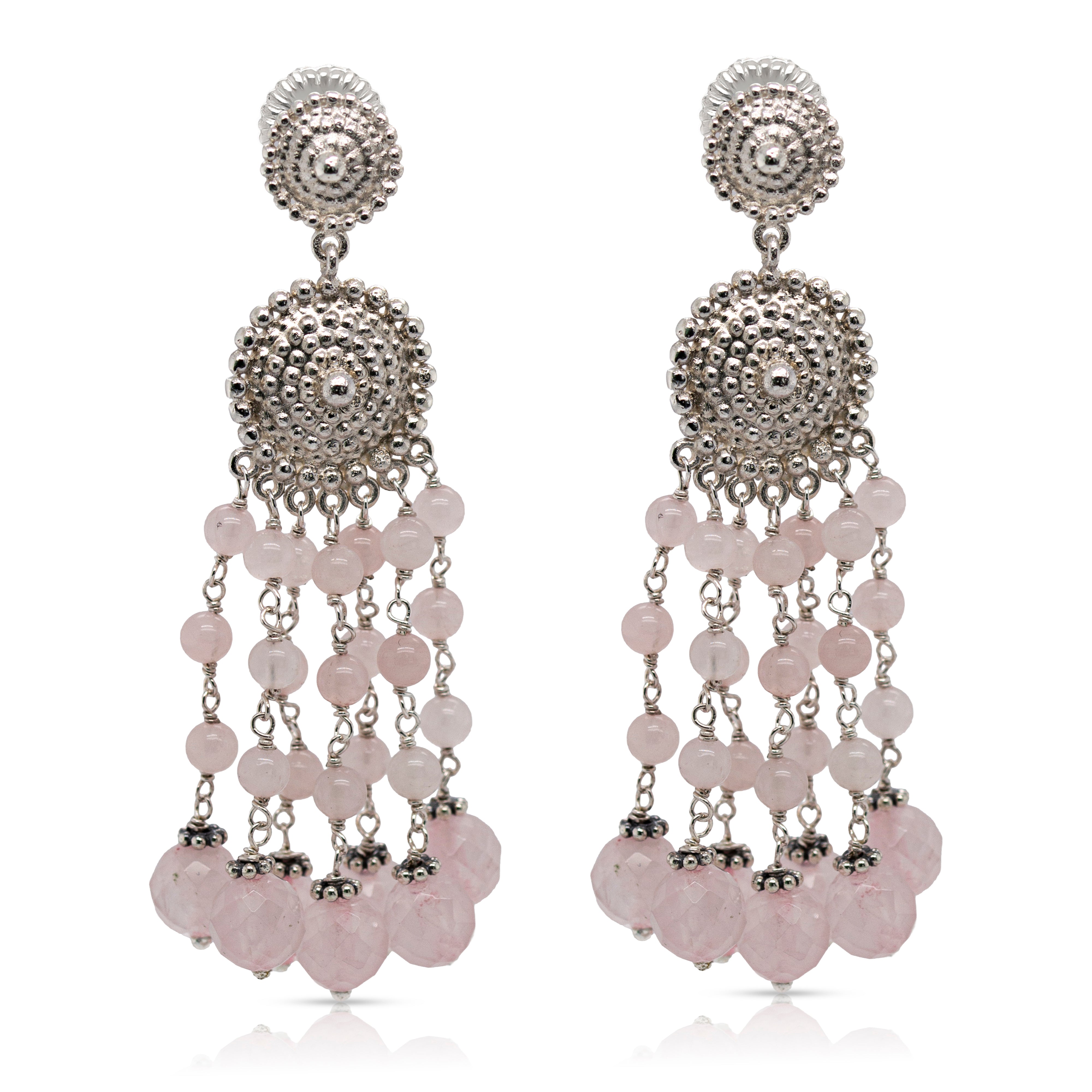 925 Sterling Silver Medallion and Rose Quartz Braided Beads Cascade Earrings