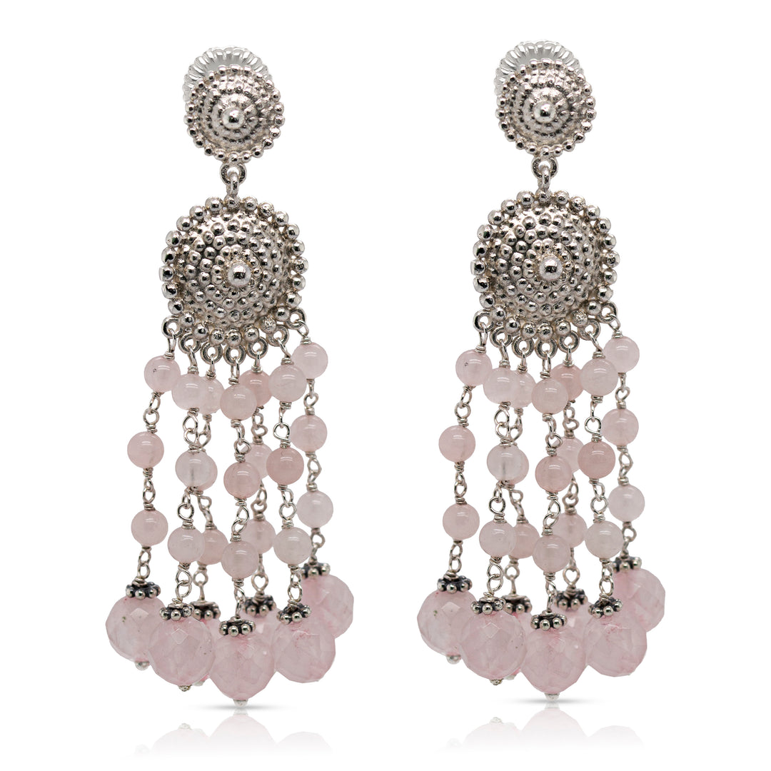 925 Sterling Silver Medallion and Rose Quartz Braided Beads Cascade Earrings