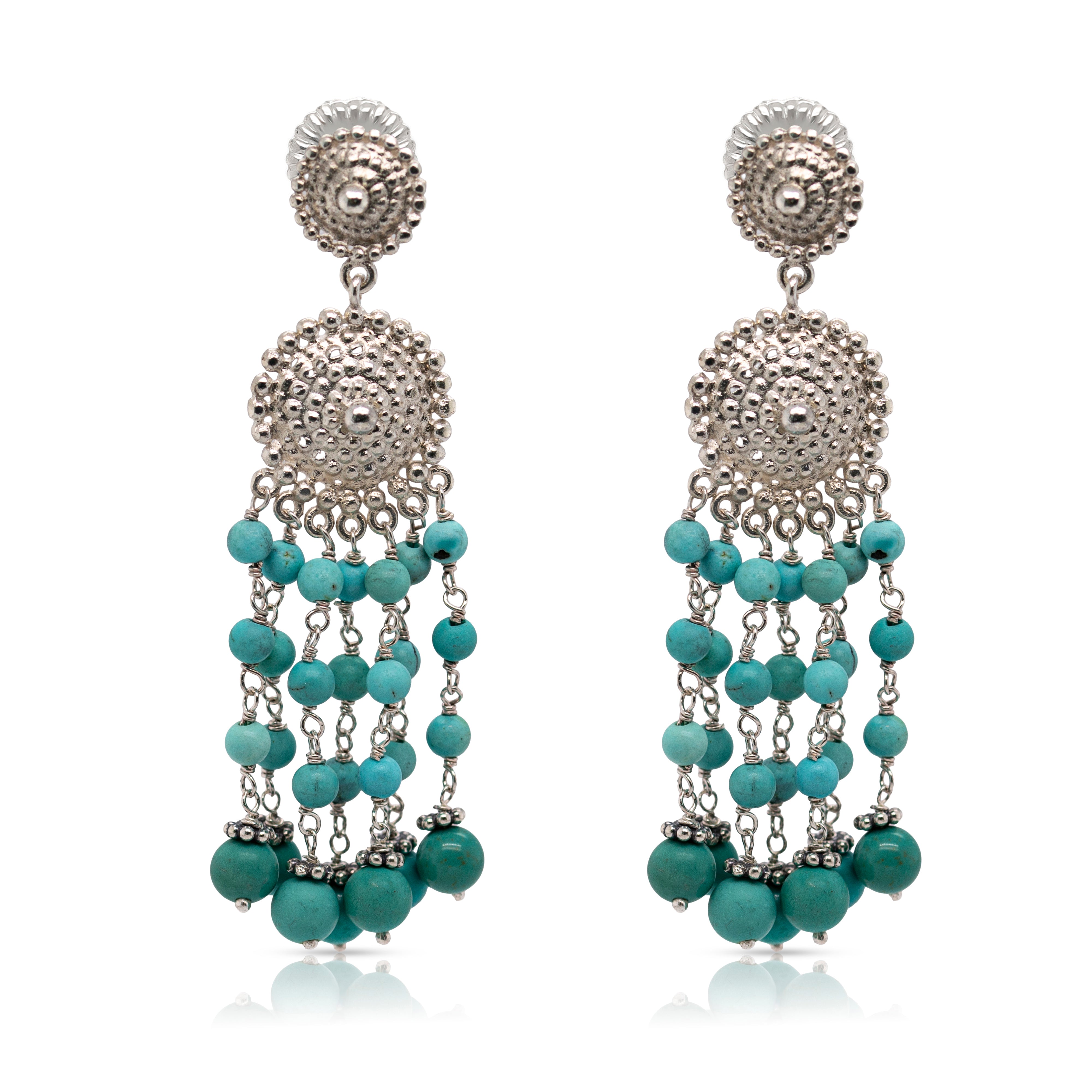 925 Sterling Silver Medallion and Turquoise Braided Beads Cascade Earrings