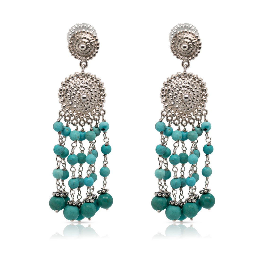 925 Sterling Silver Medallion and Turquoise Braided Beads Cascade Earrings